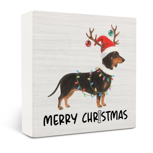 OVAcational Dachshund Merry Christmas Wooden Sign - Weiner Dog Holiday Decor