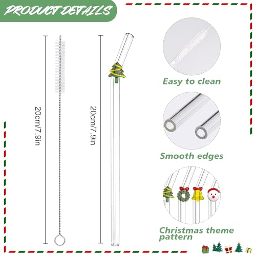 Loyzcy Christmas Glass Straws with Charms - 4 Pack, Reusable Holiday Drinkware