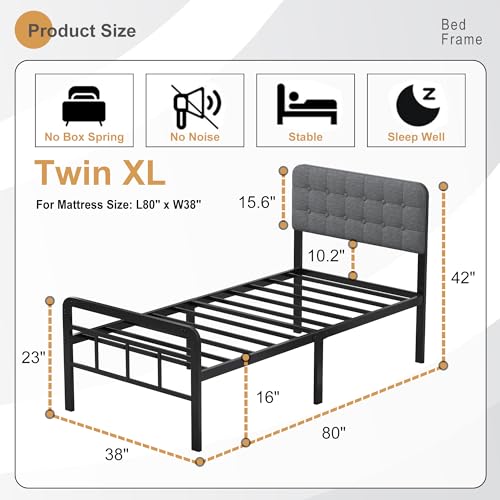 EMODA Twin XL Bed Frame with Upholstered Headboard & Metal Footboard, No Box Spring Needed, Easy Assembly