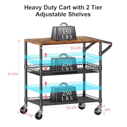 WDT 3-Tier Rolling Utility Cart with Wood & Metal - Heavy Duty Kitchen Storage