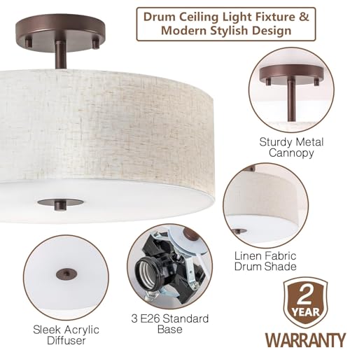 Bargeni Oil-Rubbed Bronze 16-inch Linen Drum Semi-Flush Ceiling Light Fixture
