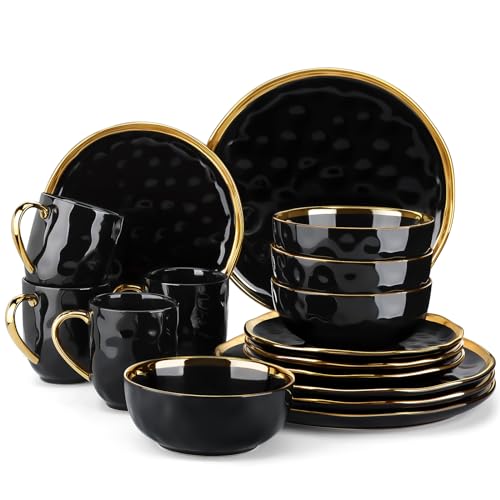 LOVECASA Black and Gold 16-Piece Dinnerware Set for 4 - Plates, Bowls, Mugs