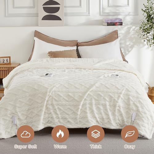 Off White King Size Electric Blanket with Dual Controls - 90x100 Inches