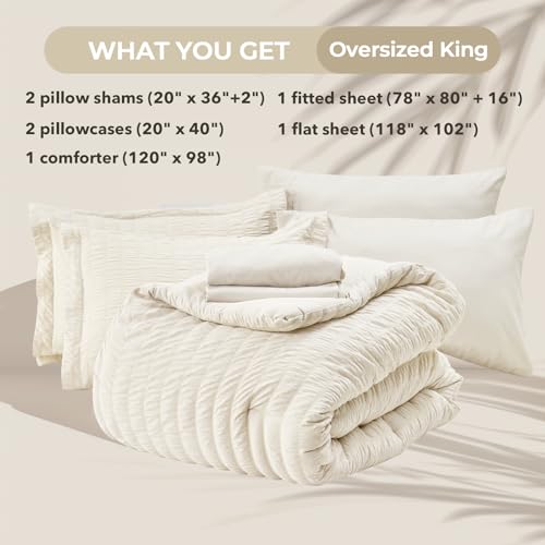 Oversized King Comforter Set Ivory Seersucker 7 Pieces All Season Bed in a Bag