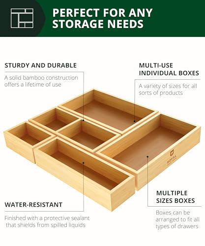 Natural Bamboo Drawer Organizer Set - 5-Piece Multi-Use Storage Bins for Kitchen, Bathroom, Office & Jewelry