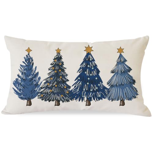 Blue Christmas Throw Pillow Cover 12x20 Inch Christmas Tree Decorations Outdoor Winter Holiday Xmas Decorative Lumbar Throw Pillow Case for Home Sofa Couch Living Room Bedroom Decor