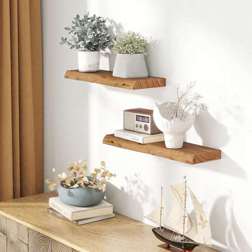 Natural Elm Wood Floating Shelves - Live Edge Wall Mount 24" 2 Pack