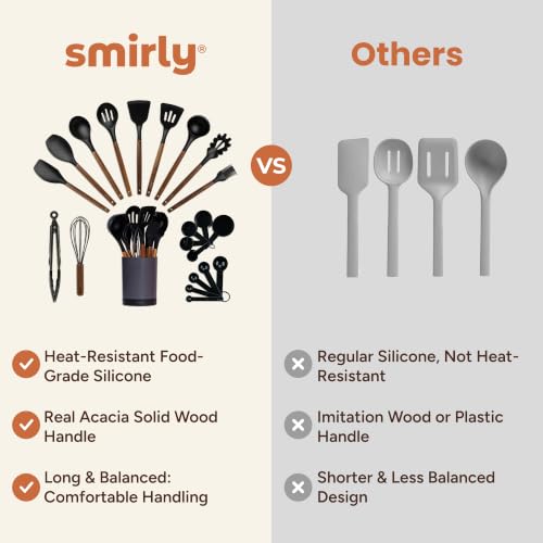 Silicone Kitchen Utensils Set - 22 Pieces with Black Handles & Acacia Wood, Black