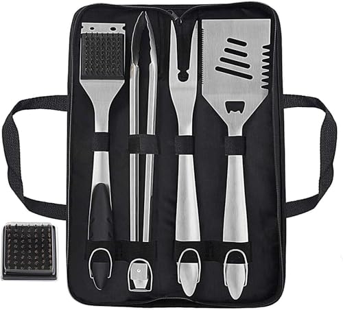 Black Grilljoy 8-Piece BBQ Grill Tools Set with Stainless Steel Spatula, Fork, Tongs & Cleaning Brush - Portable Barbecue Kit for Father's Day