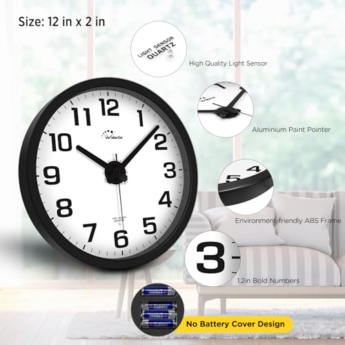 WallarGe 12-Inch Night Light Wall Clock for Bedroom - Black