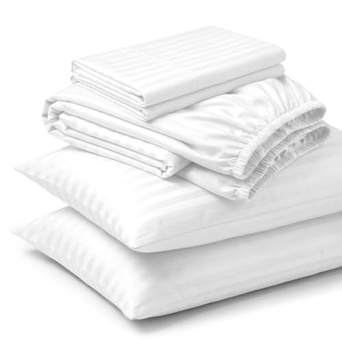 Luxury King Size Cotton Bed Sheets - White, 600 Thread Count Damask, Deep Pockets
