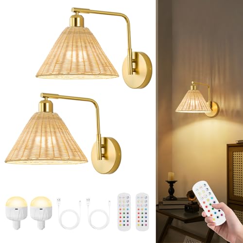 Rattan Rechargeable Wall Sconce Set of 2 - Gold Boho Swing Arm Wall Lights with Remote