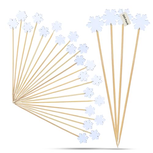 Decorative White Snowflake Bamboo Cocktail Picks 5-inch 200 Pack