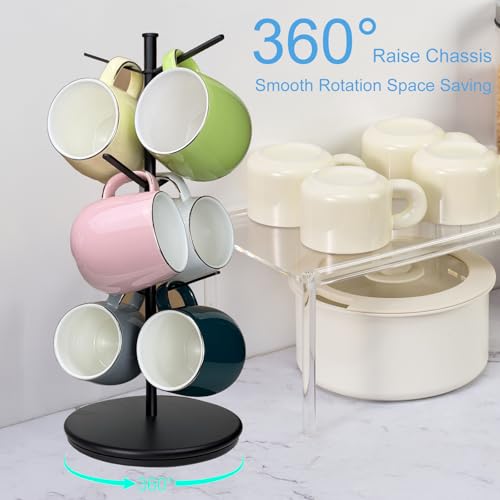 ZOMETUO 360° Rotating Mug Tree with 6 Hooks, Bamboo Base – Black