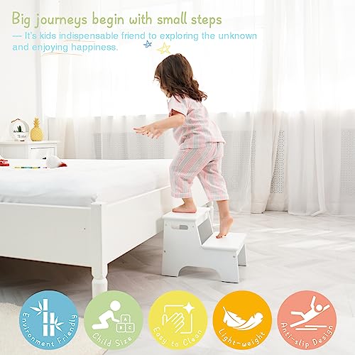 Kids Wooden Step Stool for Bathroom Sink – White Toddler Two-Step Platform with Non-Slip Mats (Variation: White)