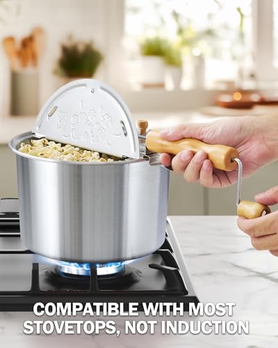 Cook N Home Brushed Aluminum 6 Quart Stovetop Popcorn Popper with Hand Crank