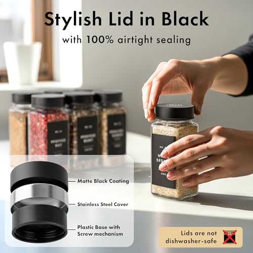 EDELHAUS Glass Spice Jars with Label, Seasoning Set, 24x Black Steel