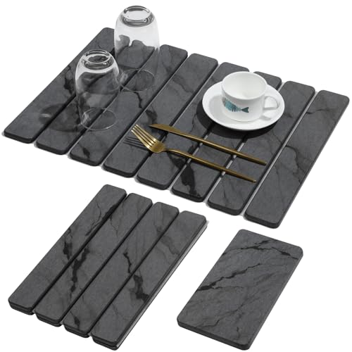 Linidcoud Dark Gray 20x14 Inch Stone Dish Drying Mat for Kitchen Counter - Quick Dry Water Absorbing Marbled Diatomaceous Earth Pad