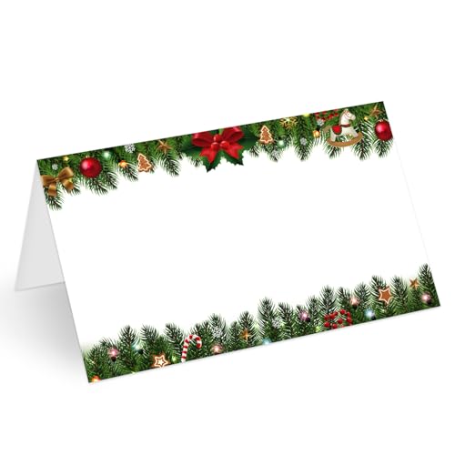 Red Bow Christmas Place Cards 25 Pack, Foldable Tent Name Cards for Holiday & Wedding
