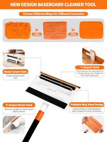4-in-1 Extendable Baseboard Cleaner with Reusable Pads & Carpet Rake