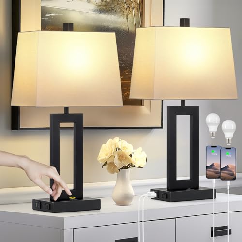 Cinkeda Black Bedside Table Lamp Set of 2,Nightstand Lamps with USB