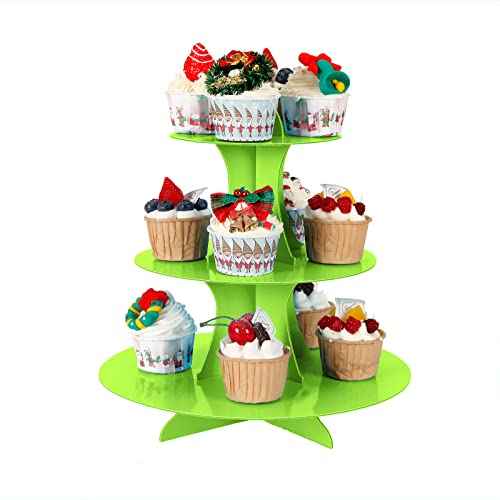 3-Tier Cupcake Stand, Cake Stand holder, Tiered DIY Cupcake Stand Tower for Dessert Table Displays, Birthday Theme Party Favors Decoration, Floral Tea Party, 12" W x 12.8" H, Green