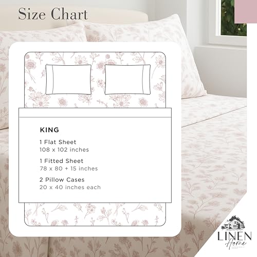 King Size Floral Cotton Percale Sheet Set - Mauve Botanical Print - 4 Pieces