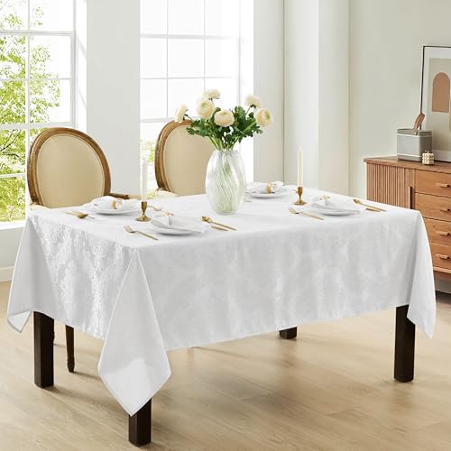 Newbridge Barcelona Damask White Tablecloth 60 x 84 Inch Rectangular - No Iron, Soil Resistant