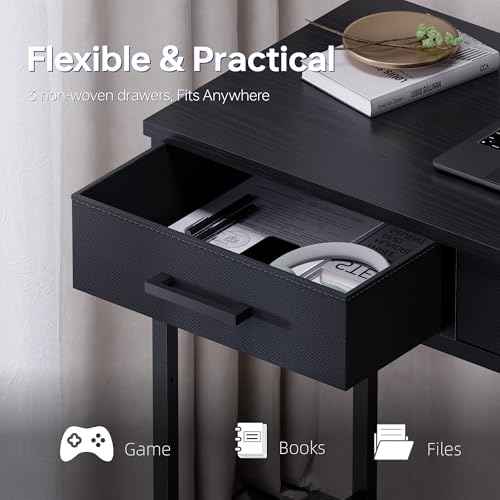 Pamray 47-Inch Small Black Computer Desk with 3 Fabric Drawers for Home Office & Study