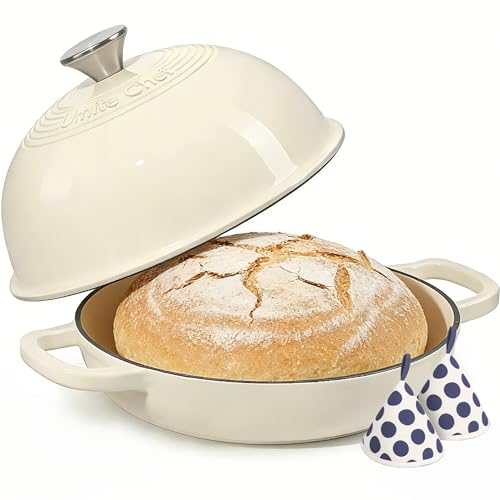 Enamelled Cast Iron Bread Oven 6 Qt Dutch Oven with Dome Lid & Cotton Potholders - Cream White