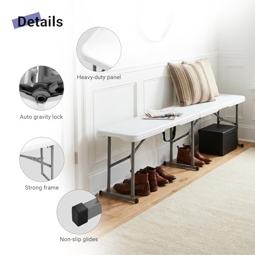 Byliable 6ft White Folding Portable Plastic Bench with Handle for Indoor & Outdoor Use