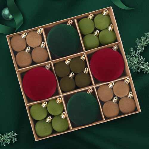 Uspring 44 Pcs Velvet Christmas Ornaments Set - 1.57 & 3.15 Inch Flocked Ornaments Shatterproof Christmas Balls for Xmas Tree Holiday Wedding Party with Pre-Tied Hanging Strings, Red, Green