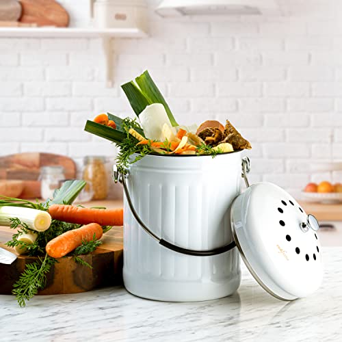 White RED FACTOR Premium Compost Bin for Kitchen Countertop 1.3 Gallon Stainless Steel