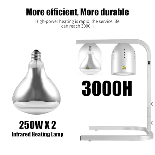 VORIGY Silver Food Heat Lamp with 2x 250W Bulbs, 5000+ Hour Lifespan, Adjustable Stand