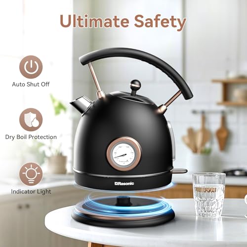 Rasonic Retro Electric Kettle 1.8L Stainless Steel Black, Fast Quiet Boil, Temperature Gauge