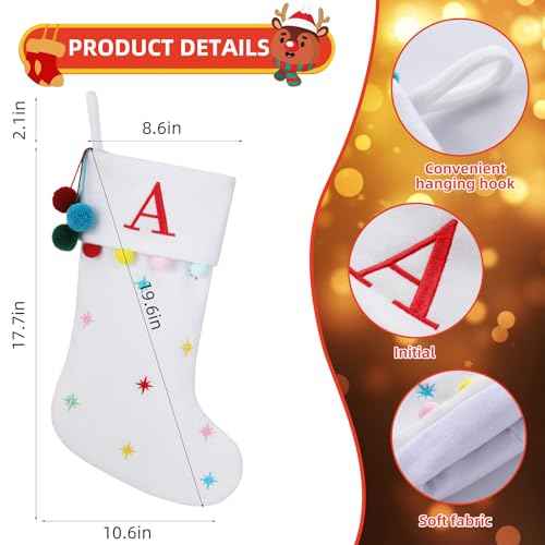 19.5 Inches Initial Monogram White Christmas Stocking Personalized, Embroidered Letter Fleece Christmas Stocking with pom poms Decoration for Family Christmas Holiday Party Decor-A