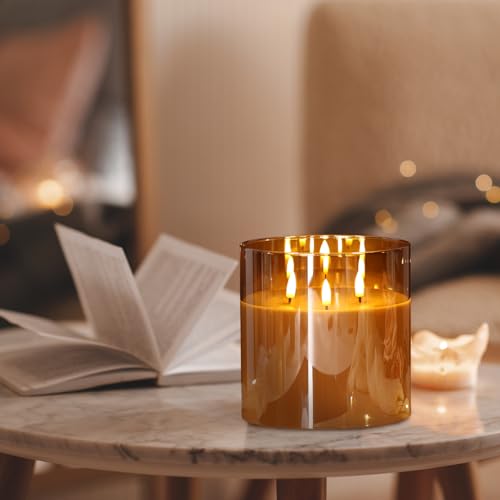 Eywamage Amber Gold 3 Wick Flameless Candle with Remote & Timer