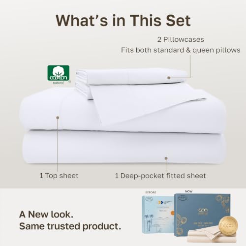 Queen Bed Sheets Set - White 4-Piece 100% Cotton Sateen, Deep Pockets