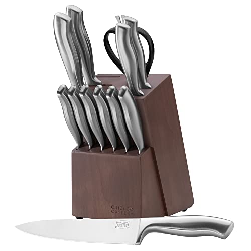 13-Piece Kitchen Knife Block Set with Wooden Storage and Sharp Stainless Steel Blades - Contoured Handles