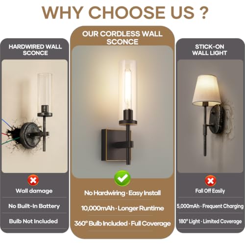 Rechargeable Oil-Rubbed Bronze & Clear Glass Wall Sconces Set of 2 with Remote Control