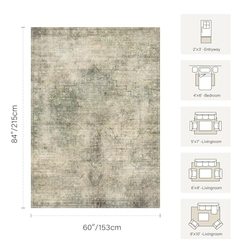 Green Washable Area Rug 6x9 Vintage Bohemian Style for Living Room & Bedroom - Green Beige Variation