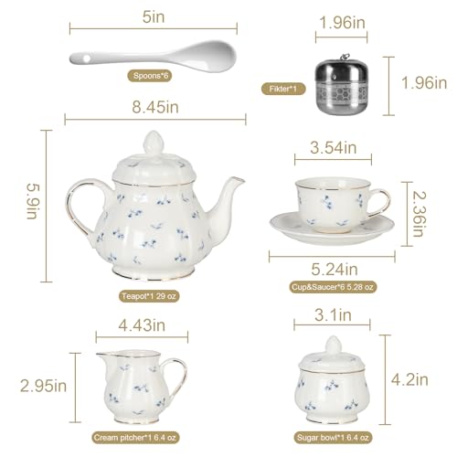 Sweejar Small Flower Floral Tea Set for 6 with Teapot & Saucers – Gold Rim Porcelain, Elegant Gift