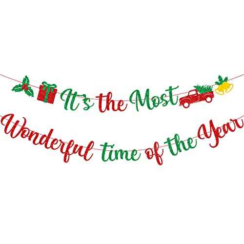 Red Green Glitter It's The Most Wonderful Time of The Year Banner with Holly Berry Xmas Tree Bells Christmas Holiday Party Banner Merry Christmas Holly Jolly Winter Party Mantle Decorations