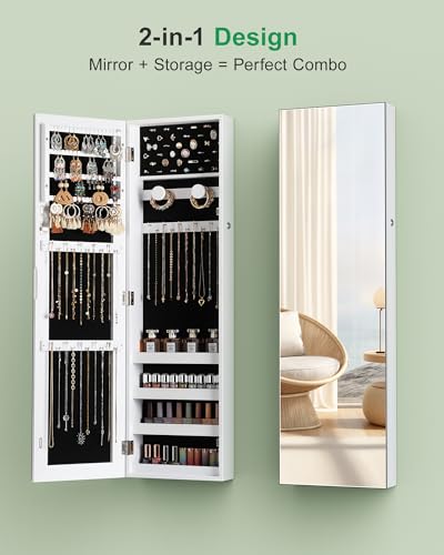 Nicetree Hanging Jewelry Cabinet - White Wall Mount Mirror with Lock & Ample Storage, 3.8''D x 12.4''W x 42''H
