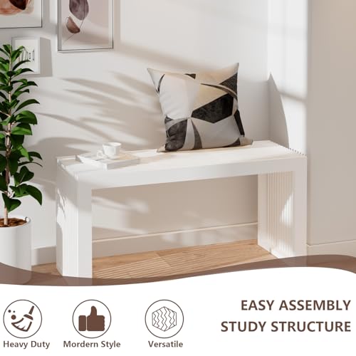 APRTAT White 35.4-inch Bamboo Entryway Bench with Rustic Farmhouse Style