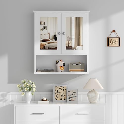 Shintenchi White Bathroom Medicine Cabinet with Mirror, Wall Mount, Adjustable Shelves