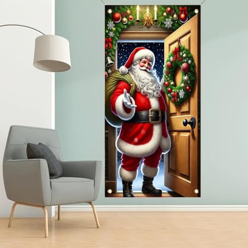 Festive Santa Welcome Christmas Banner 71x35 Inch Holiday Door Backdrop Outdoor Yard Decor