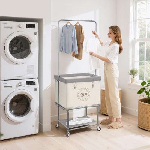 Laundry Cart with Hanging Bar & Storage Shelf - Beige, 110L, 3-in-1