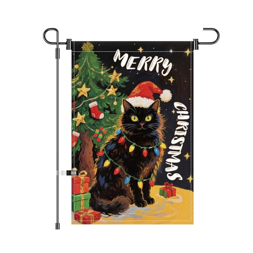 Merry Christmas Garden Flag 12x18 Inch Double Sided Black Cat Xmas Winter Yard Flag Small Mini Yard Lawn Outside Holiday Party Decoration Outdoor Christmas Decorations