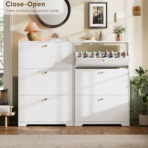 Nicetree White Shoe Cabinet with 3 Flip Drawers Narrow Shoe Organizer Modern Storage